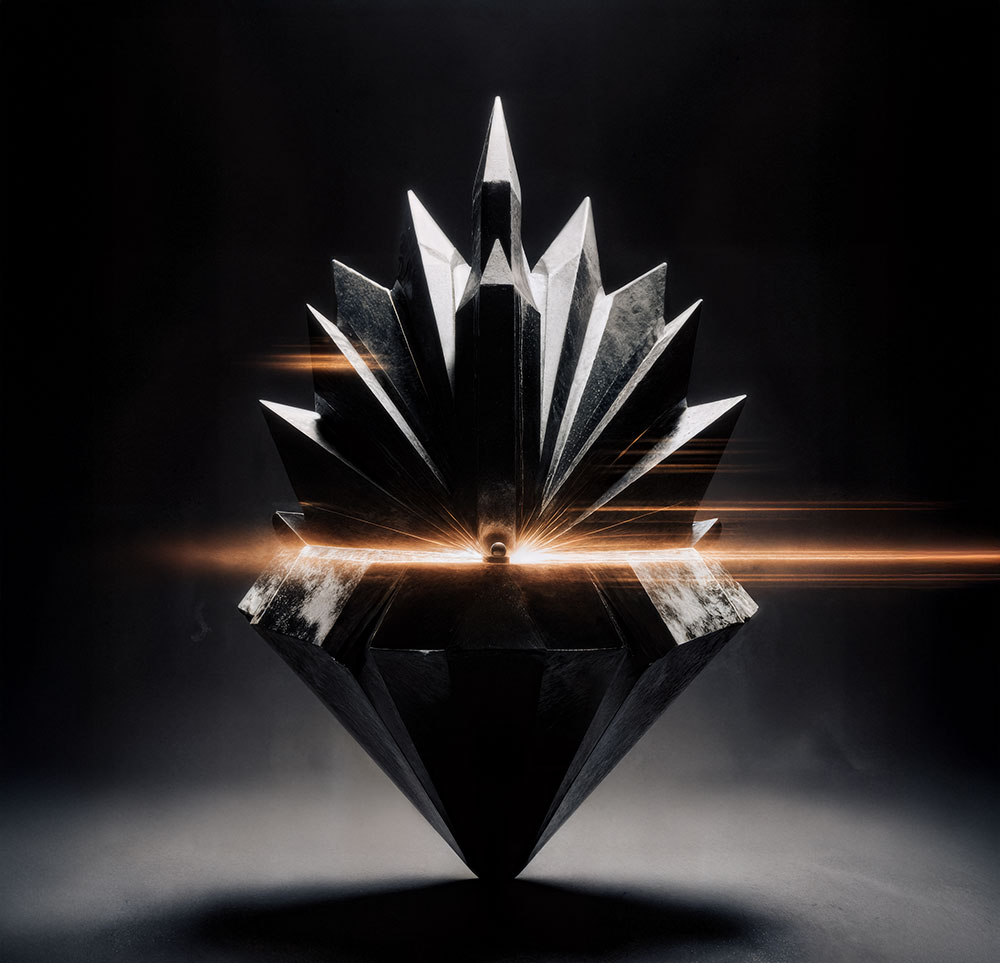Cinematisches Key Visual eines facettierten Obsidian-Kristalls mit warmem Lichtflare auf dunklem Hintergrund.